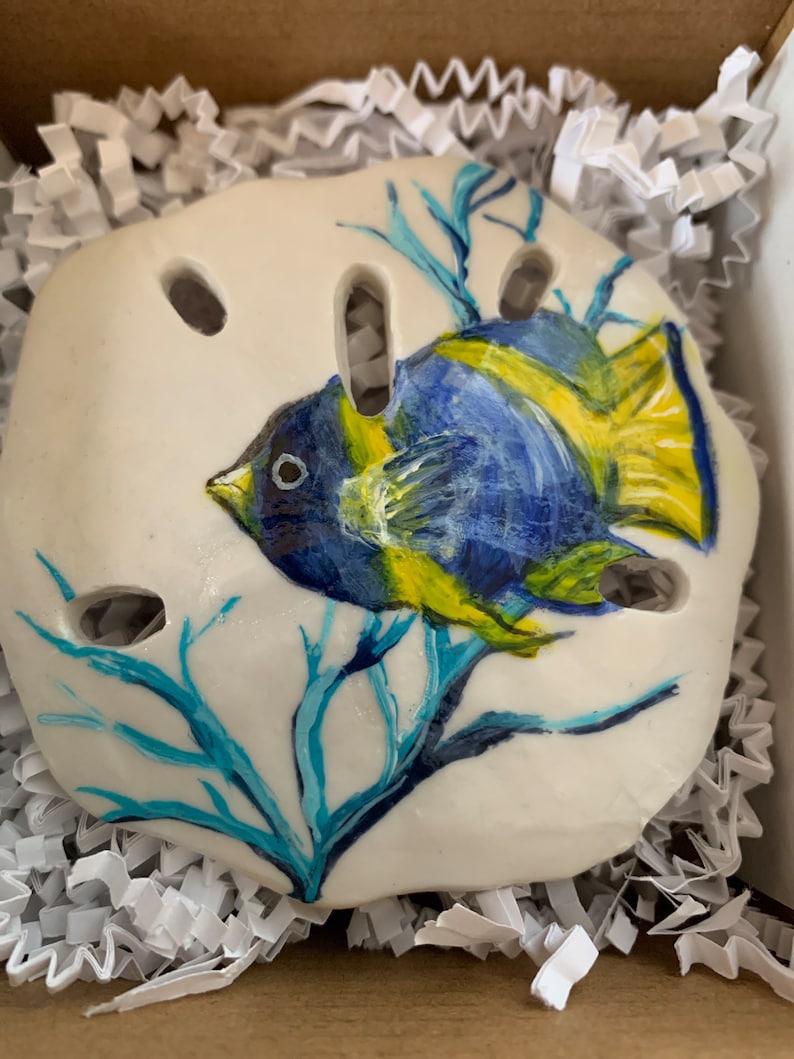 Cute Tropical fish on sand dollar mold. This pretty, hand painted fish will add to any coastal decor or nautical home. image 1