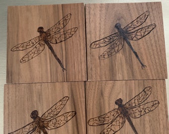 Wood Burned Dragonfly Coaster Set of 4