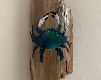 Handpainted crab on driftwood