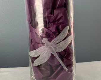 Stunning Dragonfly hand etched on versitile glass vase or pillar candle holder.  A show stopper for your centerpiece in any home decor.