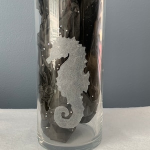 Hand etched nautical vase: Seahorse coastal decor.
