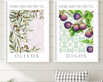Spanish Fruit Art Prints: Olives & Figs Kitchen Decor (Set of 2)