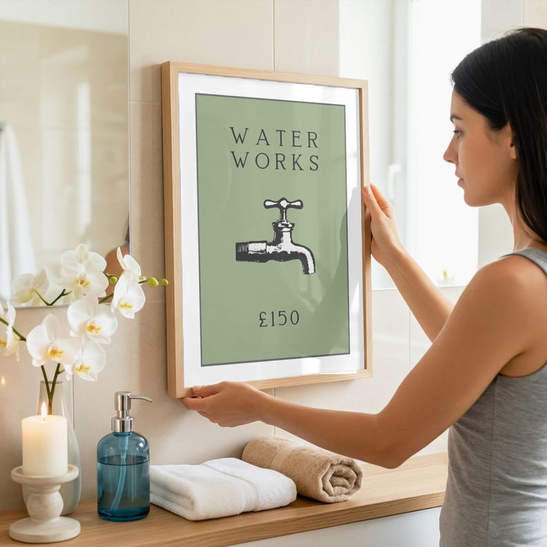 Vintage Monopoly Water Works Art Print: Sage Green Bathroom Decor (Instant Download) image 3