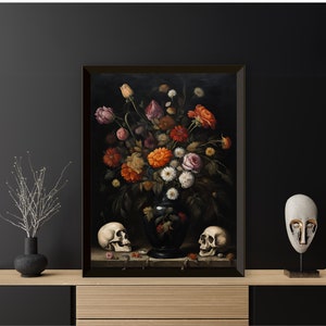 Gothic vintage style painting of flowers and skulls, Gothic Art Print, dark flowers wall art, dead flowers art print, skull & flowers, dark