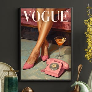 Vogue Inspired Glam Wall Art Print, Pink Heels, Martini & Vintage Phone – Fashion Editorial Decor image 12
