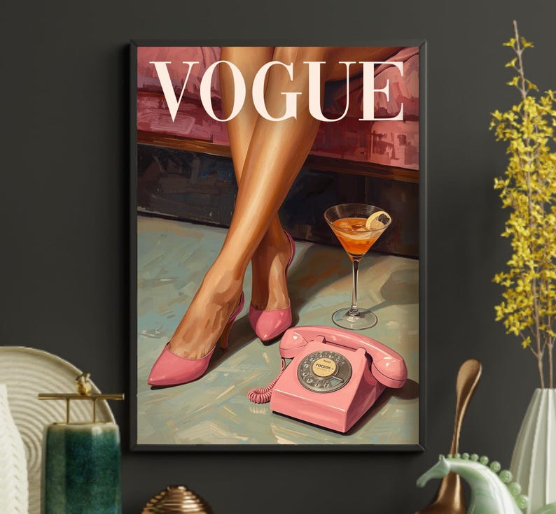 Vogue Inspired Glam Wall Art Print, Pink Heels, Martini & Vintage Phone – Fashion Editorial Decor image 12