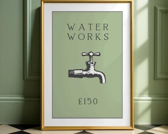 Vintage Monopoly Water Works Art Print: Sage Green Bathroom Decor (Instant Download)