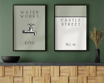 Personalized Vintage Monopoly Art Prints: Bathroom Wall Decor, Set of 2