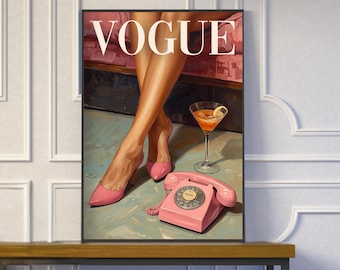 Vogue Inspired Glam Wall Art Print, Pink Heels, Martini & Vintage Phone – Fashion Editorial Decor