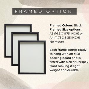 May include: Three black rectangular frames with white inserts. Text reads: FRAMED OPTION, Framed Colour: Black, Framed Size options: A3 (16.5 X 11.75 INCH) or A4 (11.75 X 8.25 INCH) No Mount. Each frame comes ready to hang with an MDF backing board.