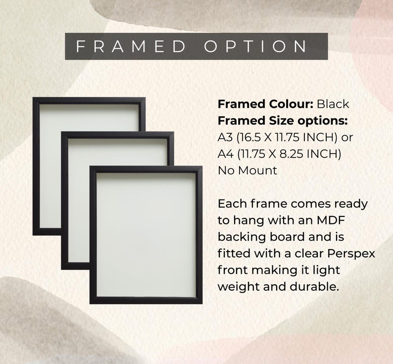 May include: Three black rectangular frames with white inserts. Text reads: FRAMED OPTION, Framed Colour: Black, Framed Size options: A3 (16.5 X 11.75 INCH) or A4 (11.75 X 8.25 INCH) No Mount. Each frame comes ready to hang with an MDF backing board.