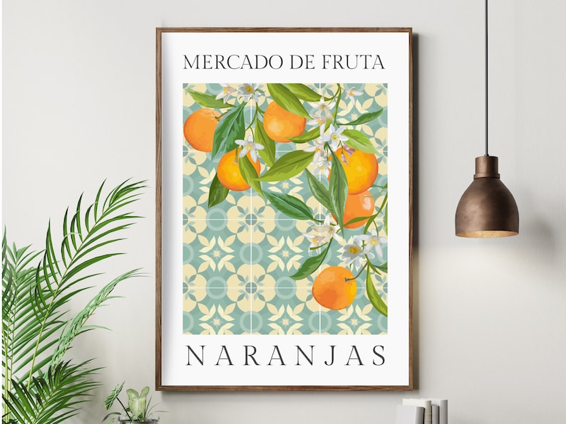May include: A vintage-style poster with a blue and yellow tiled background featuring a branch of orange blossoms and oranges. The text "MERCADO DE FRUTA NARANJAS" is printed in black at the top and bottom of the poster.