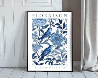 Blue Chinoiserie Botanical Art Print: French Cottage Decor (Digital Download)