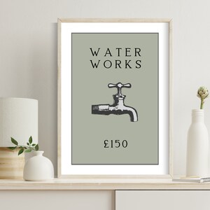 May include: A framed wall art print featuring a sage green background with a black and white illustration of a water faucet in the center. The text WATER WORKS is printed in black above the faucet, and the text &pound;150 is printed in black below it.