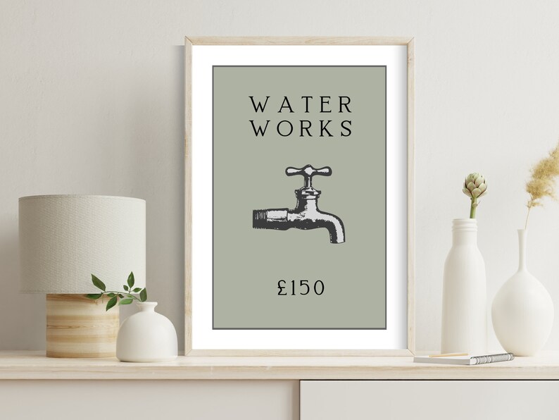 May include: A framed wall art print featuring a sage green background with a black and white illustration of a water faucet in the center. The text WATER WORKS is printed in black above the faucet, and the text &pound;150 is printed in black below it.