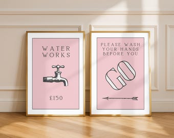 Vintage Monopoly Bathroom Art Prints: Pink Wall Decor, Set of 2