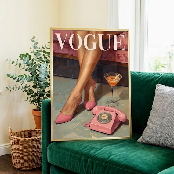 Vogue Inspired Glam Wall Art Print, Pink Heels, Martini & Vintage Phone – Fashion Editorial Decor