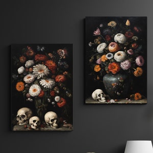 Set of two Gothic vintage style paintings of flowers and skulls, Gothic Art Print, Black flowers wall art, flowers art print, skull flowers