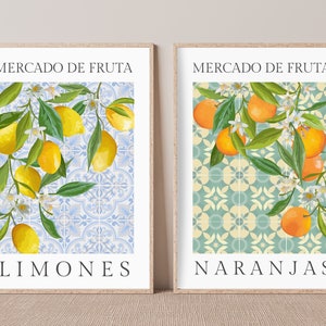 Set of two 2 Spanish fruit Art Prints, Fruit home decor, Kitchen wall art, Lemons art, Oranges art, Colourful kitchen Illustration art print
