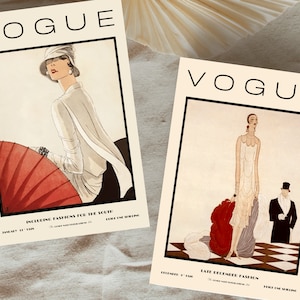Może przedstawiać: Dwie okładki czasopisma Vogue w stylu vintage z artystycznymi ilustracjami. Lewa okładka przedstawia osobę w białym kapeluszu i bluzce trzymającą czerwony parasol. Prawa okładka ukazuje osobę w białej sukni oraz osobę w czarnym smokingu.