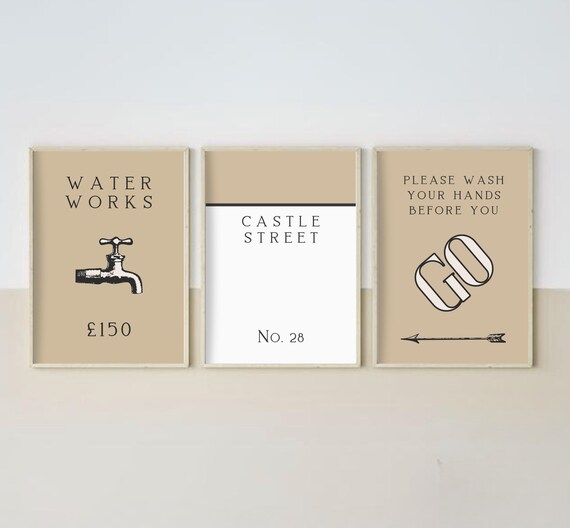Monopoly Bathroom Art Prints: Beige Vintage Style, Set of 3