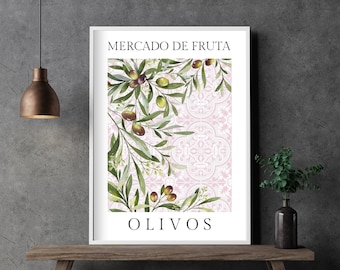 Lámina de aceitunas españolas para imprimir, impresiones de descarga instantánea, impresiones para decoración del hogar, impresiones para la cocina, póster de comida de aceitunas españolas, arte de azulejos españoles