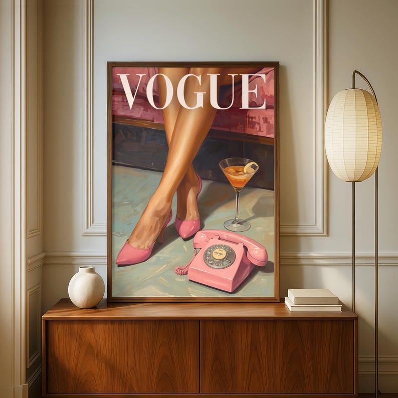 Vogue Inspired Glam Wall Art Print, Pink Heels, Martini & Vintage Phone – Fashion Editorial Decor image 5
