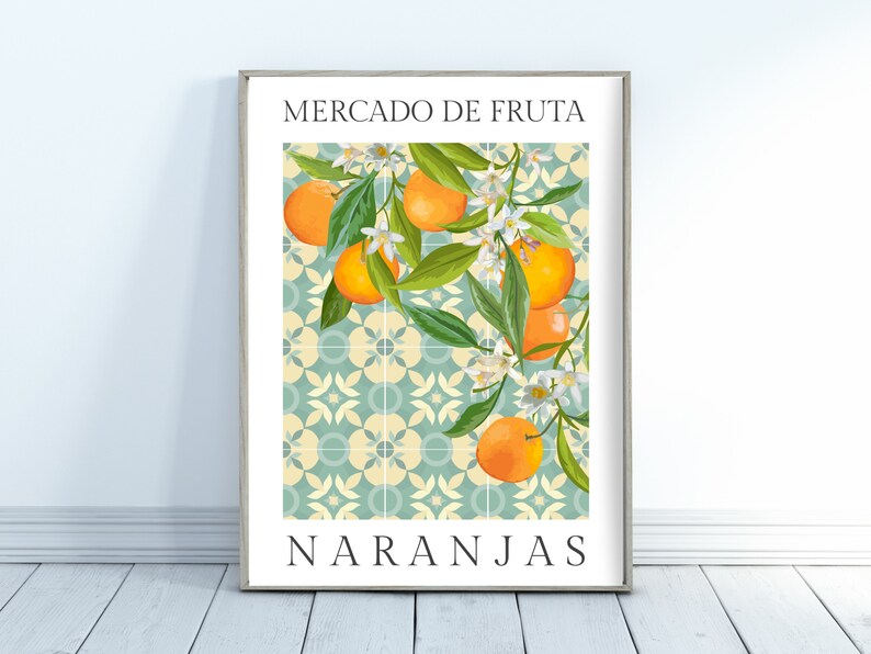 May include: A framed print with a blue and yellow tiled background featuring a branch of orange fruit with white blossoms. The text "MERCADO DE FRUTA" is at the top and "NARANJAS" is at the bottom.