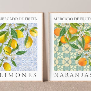 Print Set of 2 Spanish fruit Art Prints, Lemons art, Oranges art, Printable wall art, Instant download, Fruit, Kitchen wall art, Citrus deco