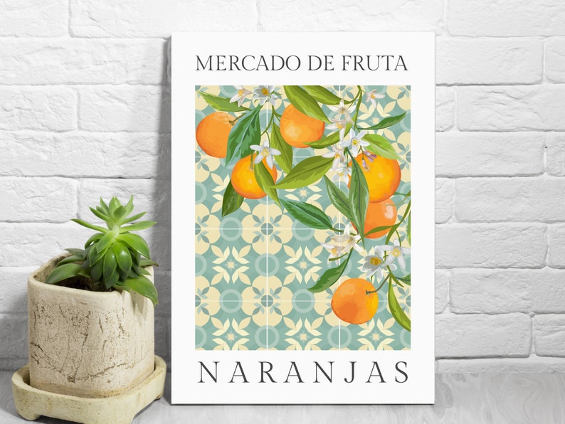 May include: A vintage-style poster with a blue and white tiled background featuring a branch of orange blossoms and oranges. The text "Mercado de Fruta Naranjas" is printed in black at the top and bottom of the poster.