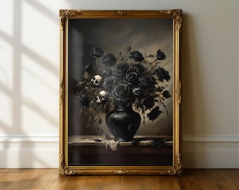 May include: A framed wall art piece featuring a dark oil painting of a black vase filled with black flowers and two human skulls. The artwork is encased in an ornate, metallic gold-coloured frame with intricate carved detailing along the edges.