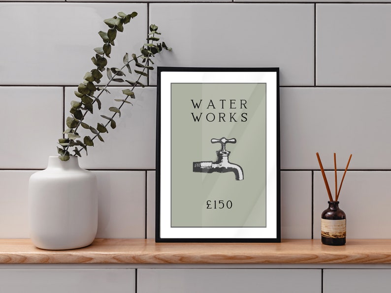 Vintage Monopoly Water Works Art Print: Sage Green Bathroom Decor (Instant Download) image 8