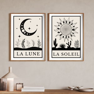 Printable Set of two 2 Minimalist boho illustration art prints, Boho home decor, minimalist wall art, Sun and Moon instant download prints