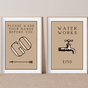 Vintage Monopoly Bathroom Art Prints: Beige Tap & Hand Washing (Digital Download)