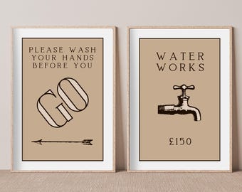 Láminas artísticas vintage de Monopoly para baño: Grifo beige y lavado de manos (descarga digital)