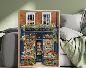 May include: A painting of a bookstore with a blue door and windows, surrounded by flowers and greenery. The sign above the door reads "The Literary Escape."