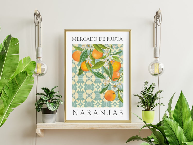 May include: A poster with a blue and white tiled background featuring a branch of orange trees with ripe oranges and white blossoms. The text "MERCADO DE FRUTA NARANJAS" is printed in black at the top and bottom of the poster.