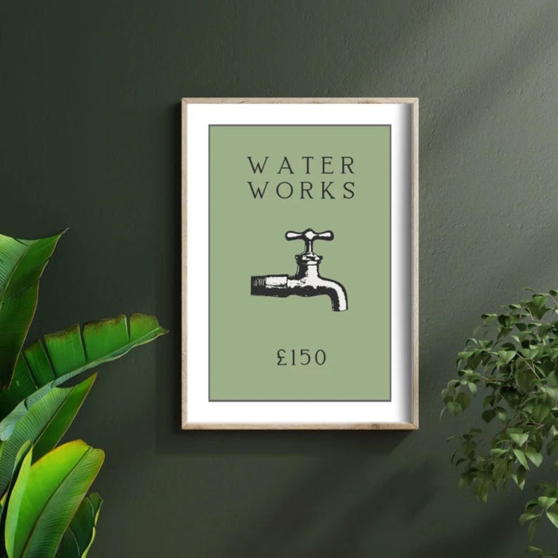Vintage Monopoly Water Works Art Print: Sage Green Bathroom Decor (Instant Download) image 4
