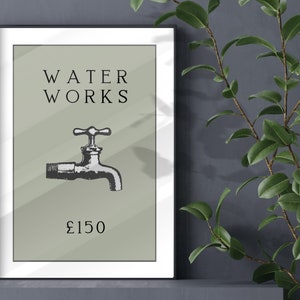 May include: A framed wall art print featuring a sage green background with the black text WATER WORKS at the top, a black and white illustration of a water faucet in the center, and the text &pound;150 printed in black at the bottom of the design.