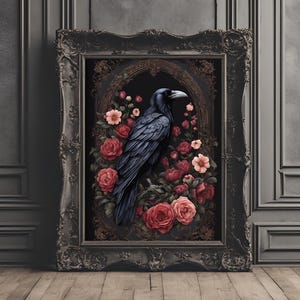 Vintage gothic floral crow art print, Gothic flowers, Gothic Art Print, Black flowers wall art, Gothic wall art, skull & flower, macabre