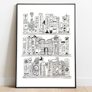 Booklovers Kunstdruck: Schwarze Bücherregal Illustration (Digitaler Download)