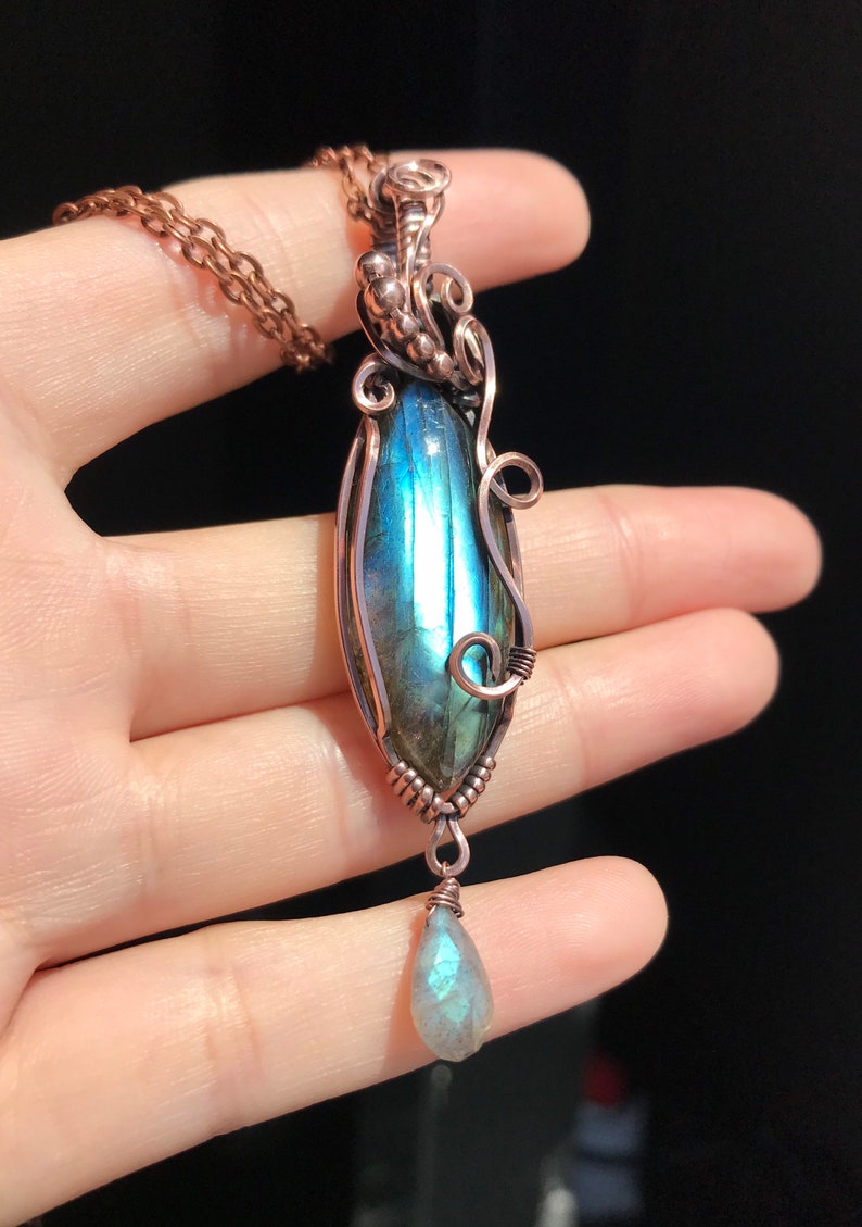 Double Labradorite Swirl Pendant in Copper