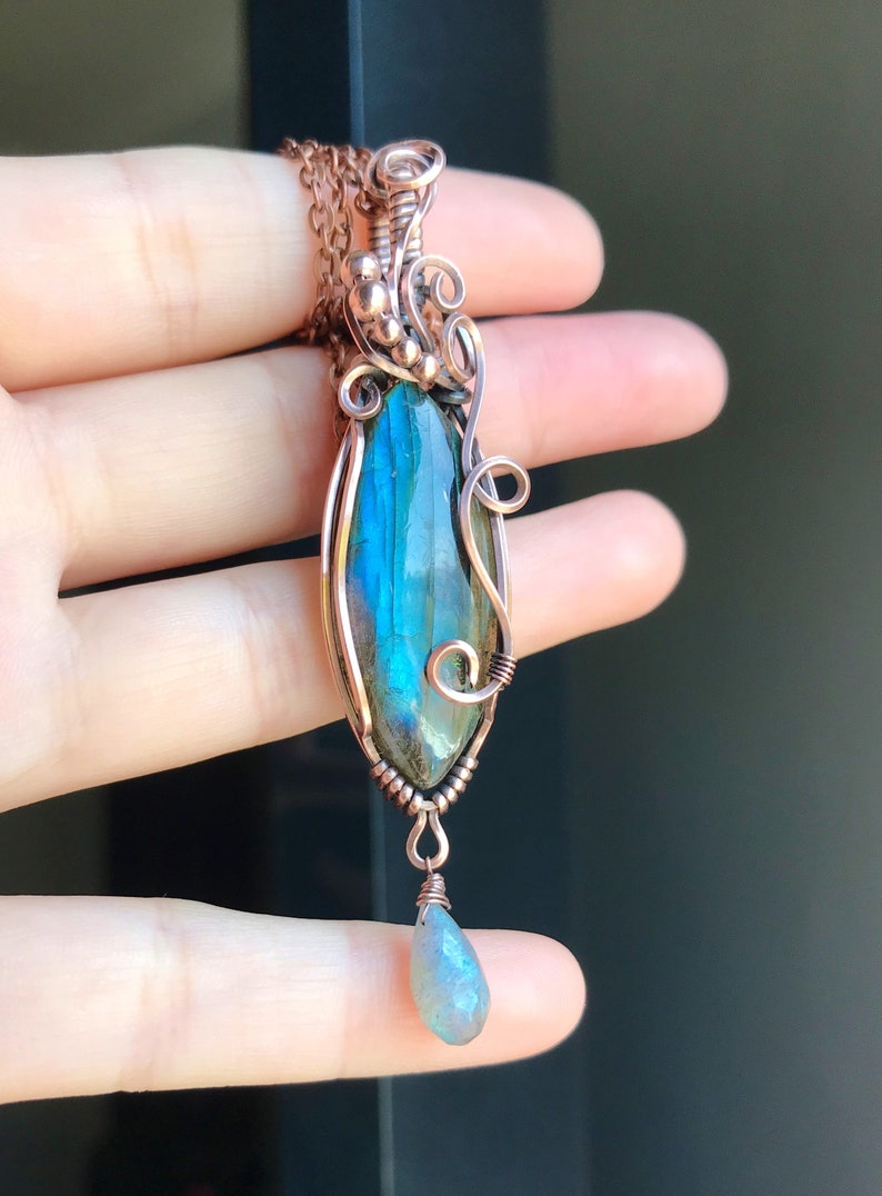Double Labradorite Swirl Pendant in Copper