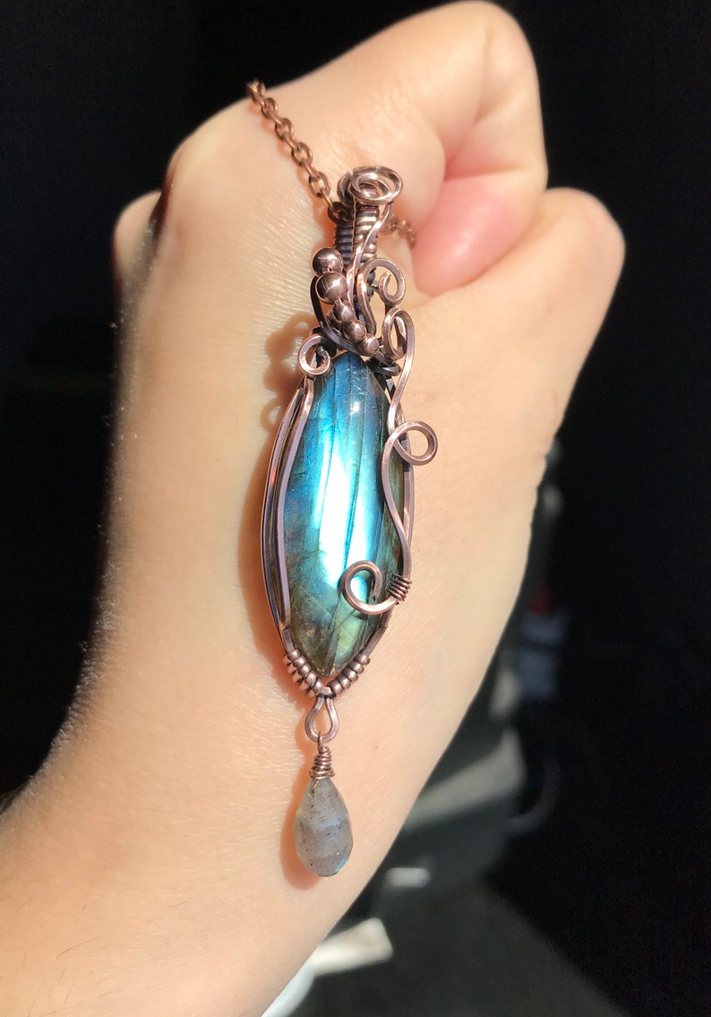 Double Labradorite Swirl Pendant in Copper