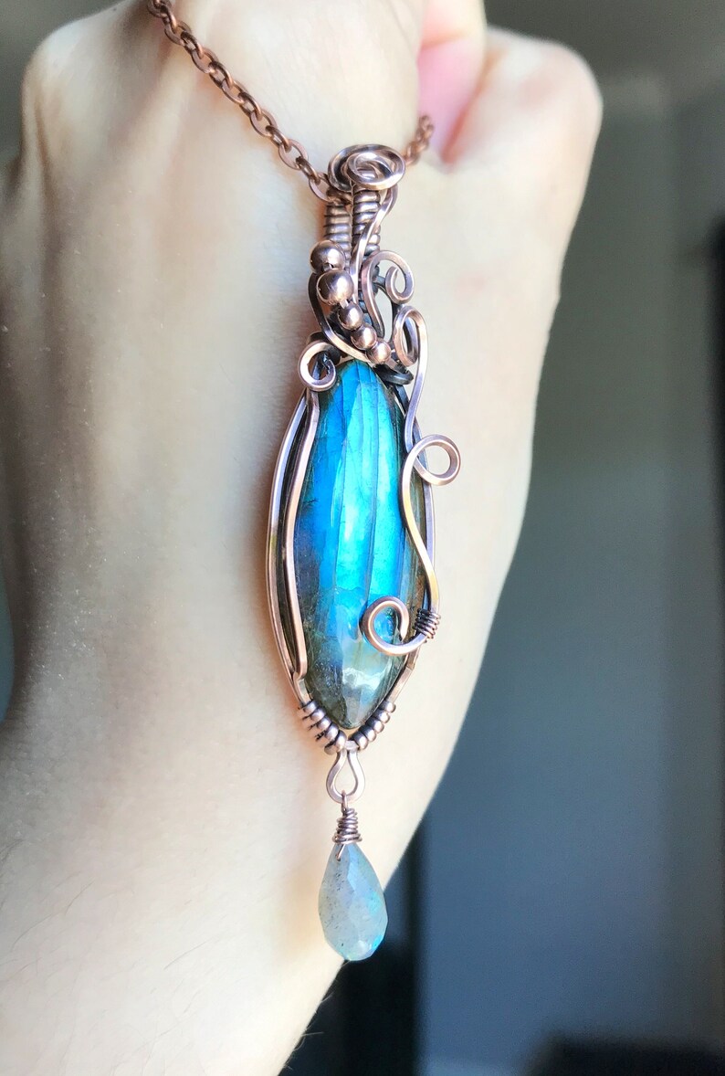 Double Labradorite Swirl Pendant in Copper