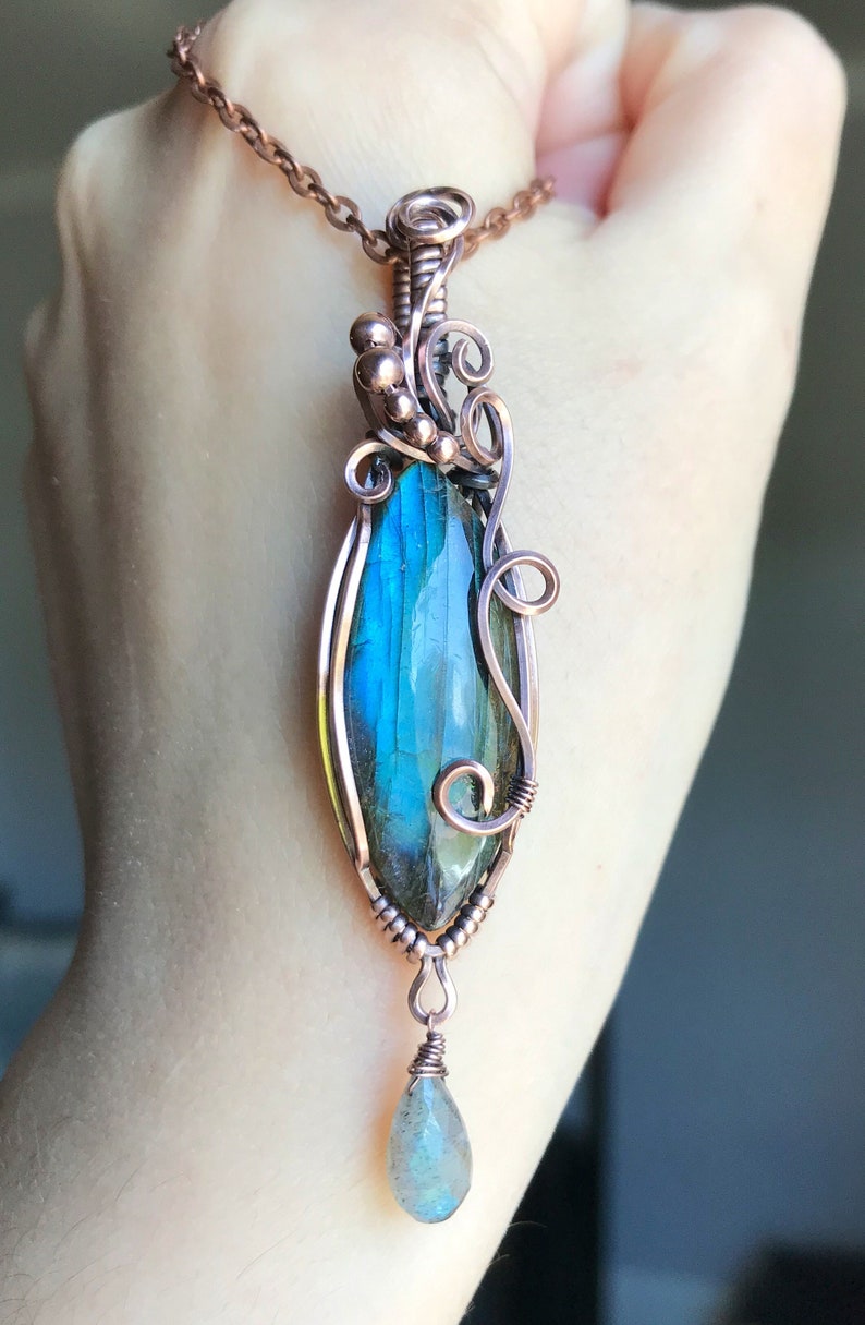 Double Labradorite Swirl Pendant in Copper