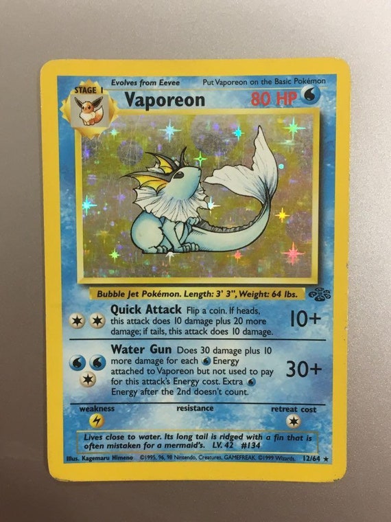 Vaporeon Holofoil 12/64 Base Jungle set Rare Pokemon Card, REAL