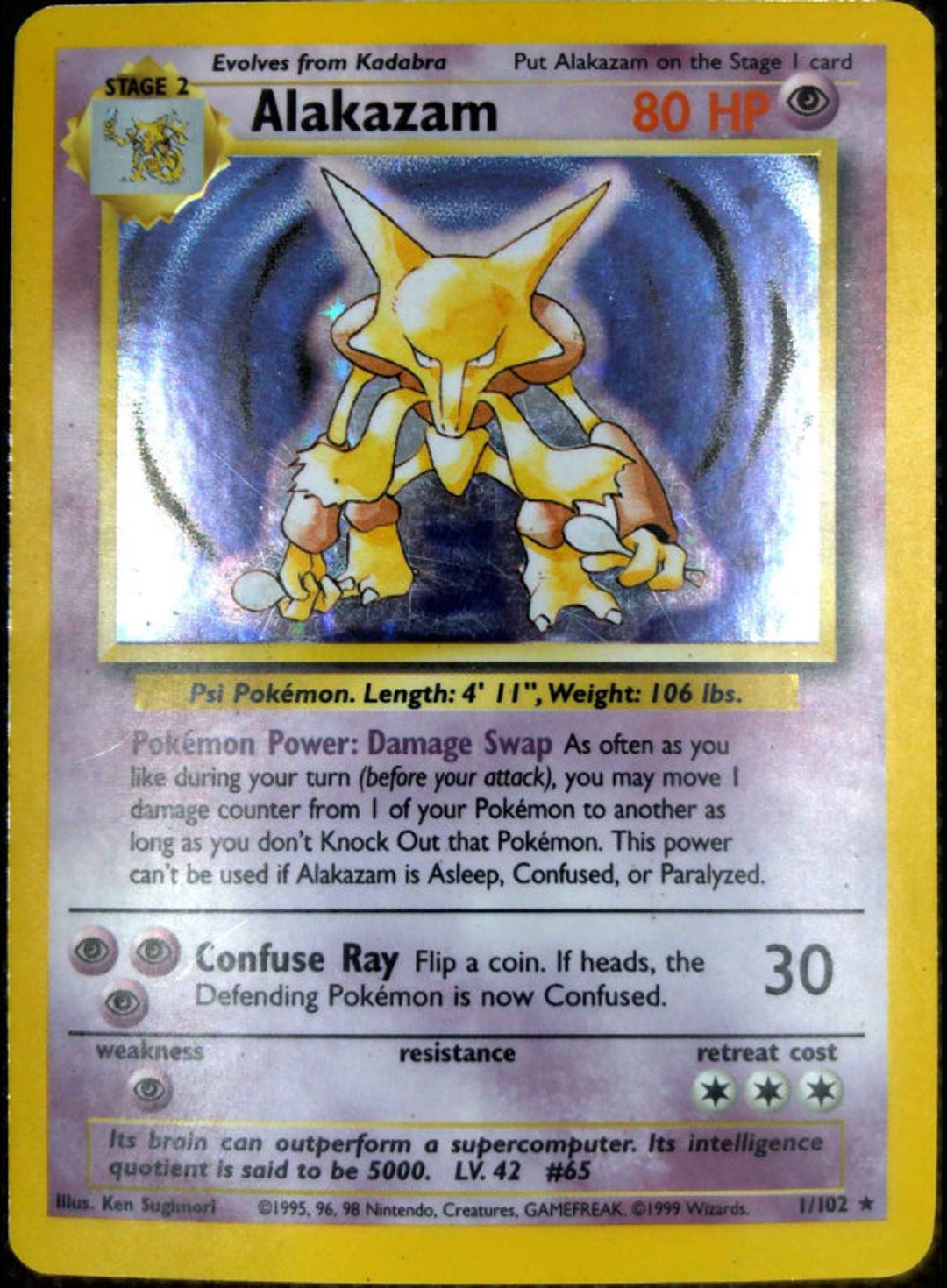 Alakazam Holofoil 1/102 Base Set Rare Pokemon Card REAL CARD 