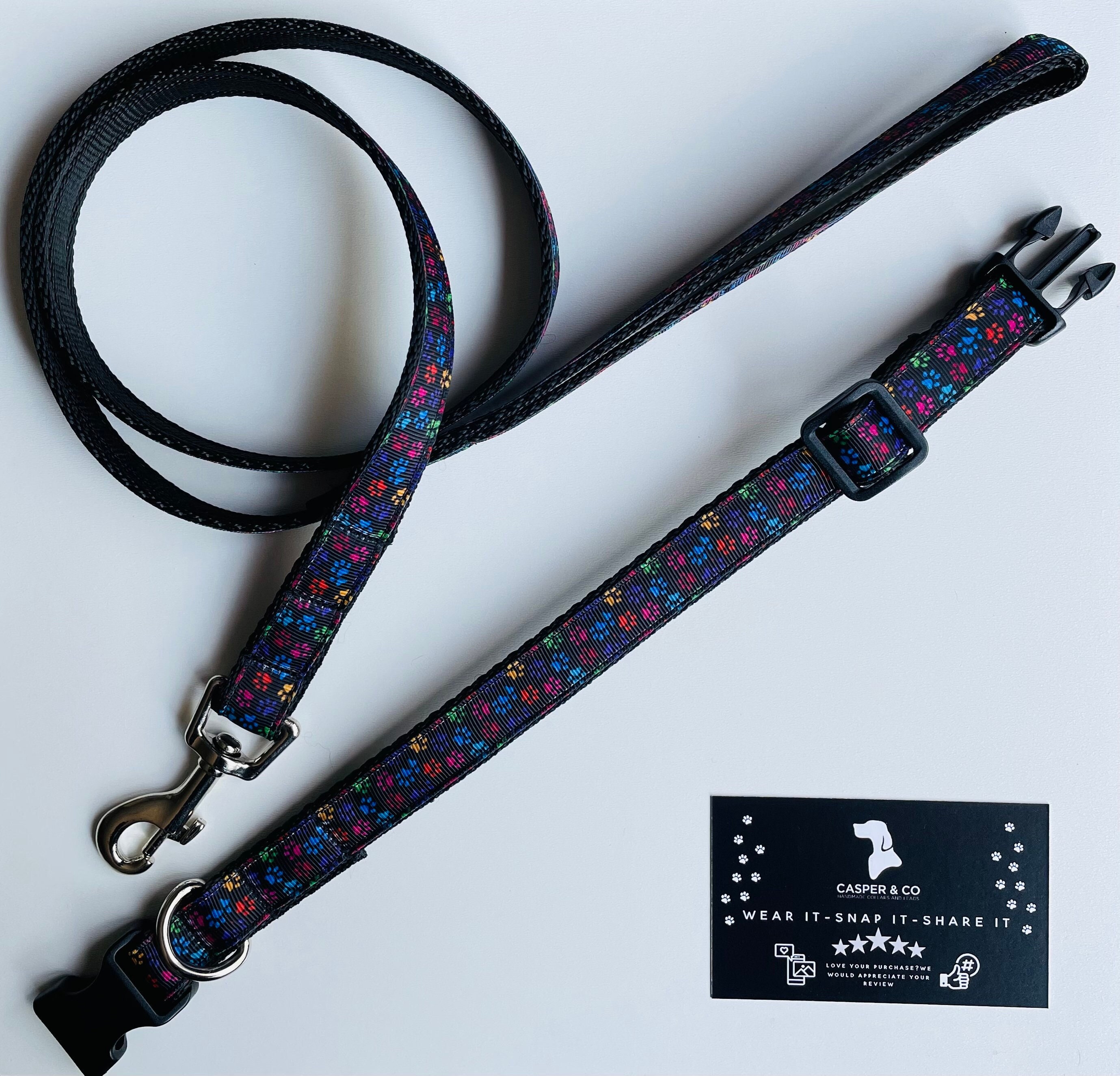Size XL Adjusts 17 Inches to 27 Inches 1 Inch Wide Unisex 100 Percent Cotton Colorful Paw Prints Dog Collar Black With Black Buckle 
