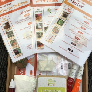 Puede incluir: Un kit de manualidades para hacer un volcán de purpurina, una hoja de arcilla y plantar lechuga. El kit incluye pastillas de compost, purpurina, arcilla, pintura y semillas de lechuga. Las instrucciones están impresas en tarjetas.